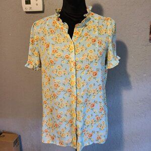 Philosophy Ladies Blouse Baby Blue w/ Floral Print Ruffle Detail Size XL
